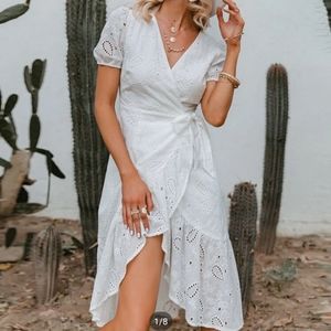 Simplee White Flounce Hem Wrap Midi Dress